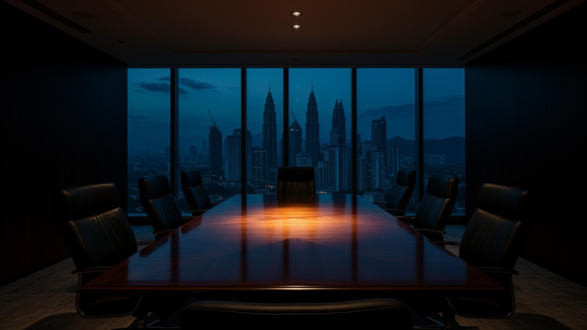 Executive boardroom at dusk overlooking Kuala Lumpur